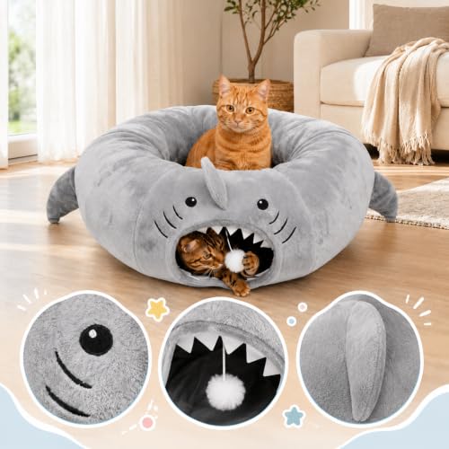 Baseola Fuzzy Cat Tunnel Bed for Indoor Cats, 2-in-1 Interactive Cat Toys - color: Grey Shark