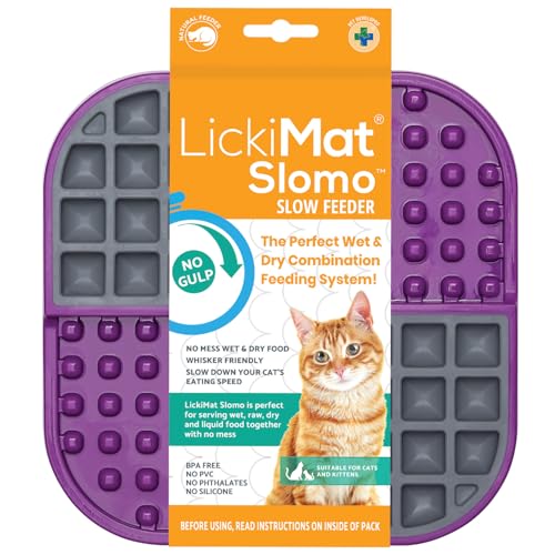 LickiMat Slomo, Cat Slow Feeder Lick Mat, Boredom Anxiety Reducer; Perfect for Food, Treats, Yogurt, or Peanut Butter. Fun Alternative to a Slow Feed Cat Bowl or Dish, Purple - color: Purple