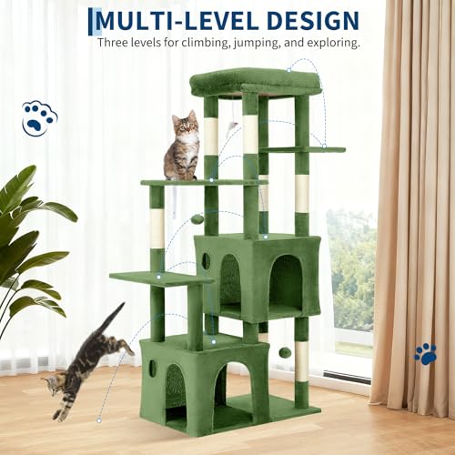 OUTLANE 60-Inch Multi-Level Large Cat Tree, Heavy Duty Cat Tower for Indoor Large Cats Adventure, Stable Furniture with Extra-Wide Top Perch, 2 Hideaway Condos, 7 Natural Sisal Scratching Posts and to - color: Green