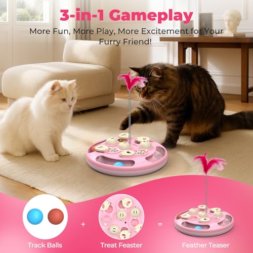 Cat Puzzle Feeder Toy, 3 in 1 Interactive Slow Feeder for Cats, Pink - color: Pink