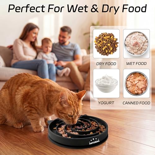 Slow Feeder Cat Bowl, Silicone Maze Design with Suction Base - color: Black