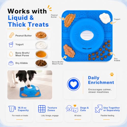 2-in-1 Slow Feeder Dog Bowl, Rolling Ball & Lick Mat, Large Blue