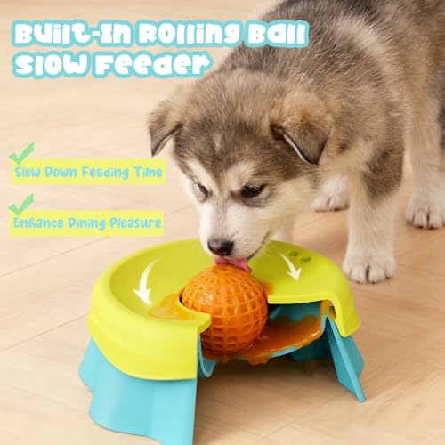 Slow Feeder Dog Bowl Lick Toy with Rolling Ball for Liquid & Dry Food