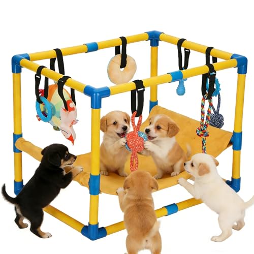Puppy Play Gym with 8 Hanging Toys - color: Yellow, size: 22.28x16.65x17.71in