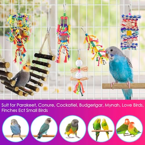 KATUMO Bird Toys, Parakeet Swing Parrot Ladder Cockatiel Perch Conure Hanging Bell Toys for Parakeet Conure Cockatiel Mynah Love Bird Small Birds - style: Burlywood ladder set (7 IN 1)