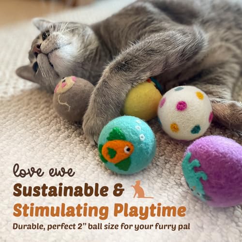 Love Ewe Wool Cat Toys 3 Pack, 3in Fish with Bell & 2in Ball - color: Fish & ball