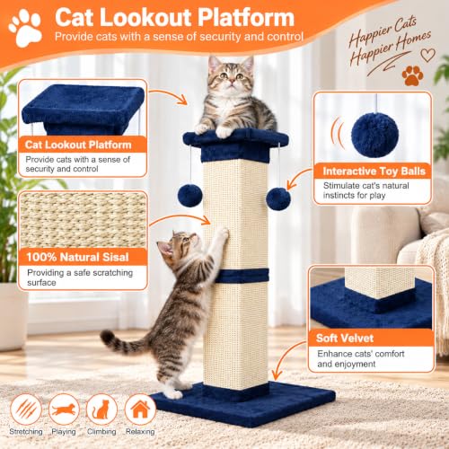 Cat Scratching Post 33 Inch Nature Sisal Scratch Post for Indoor Cats, Large Cat Scratcher Protect Your Furniture, for All Breeds Blue - color: Blue
