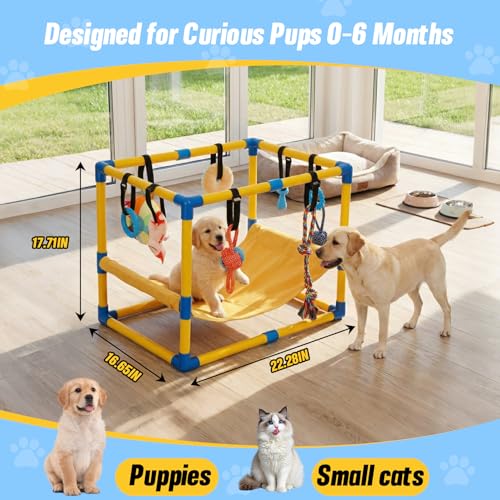 Puppy Play Gym with 8 Hanging Toys - color: Yellow, size: 22.28x16.65x17.71in