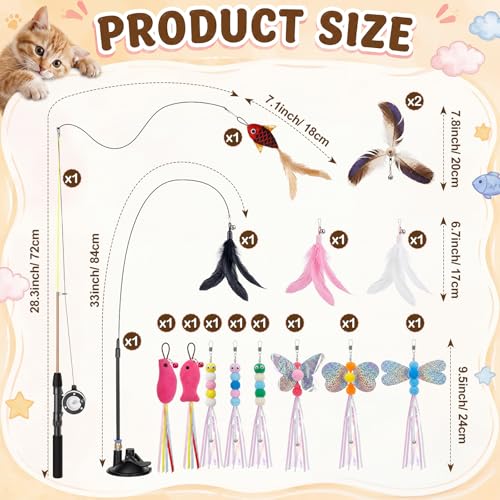 Outus 16 Pcs Cat Fishing Pole Toy with Feather Refills Toy for Indoor Cats