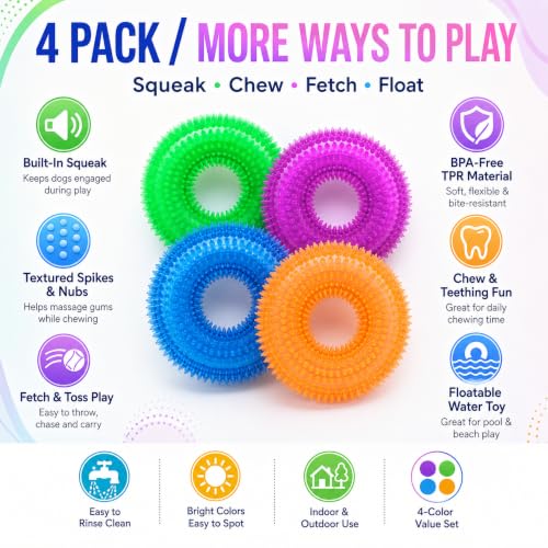 Dog Chew Toys for Aggressive Chewers, Squeaky Floating Donut Rings, 4 Pack - color: 4 Colors