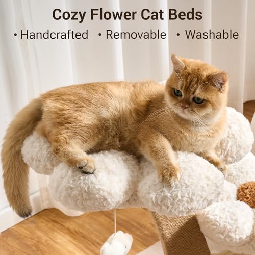 Aesthetic Flower Cat Tree Tower with Scratching Post for Indoor Cats, 37" H Modern Cat Tree with Wood Sculpted Branch, Flower Cat Beds, Mushroom Scratcher & Interactive Squeaky Toy, White - color: 37"-Mushroom-Creamy White