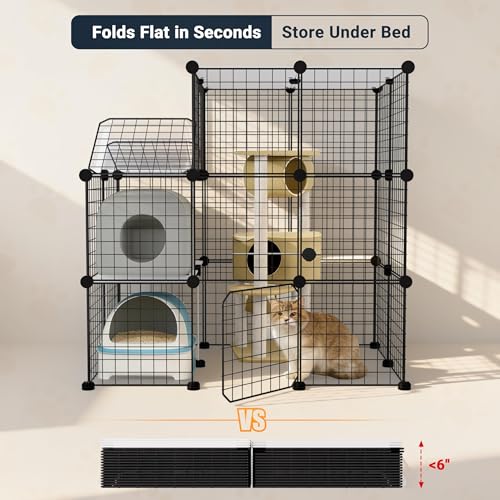 3-Tier DIY Indoor Cat Cage with Skylight, Accommodates Multiple Pets; Foldable Large Cat Cage Enclosure (with Litter Box Area); 43.7-Inch Metal Wire Cat Bed Habitat