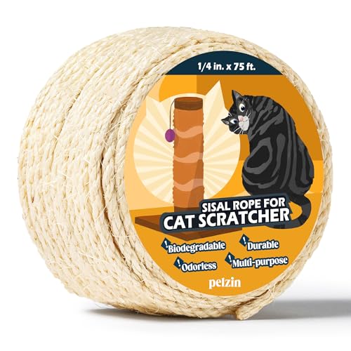Natural Sisal Rope for Cat Scratcher and Scratching Post 1/4 Inch, 75 Feet - color: White, size: 1/4 inch by 75ft