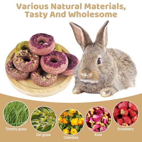 Fhiny 20 PCS Rabbit Chew Toys, Natural Timothy Grass Rabbit Treats with Three Flavors of Fruits and Vegetables, Strawberry and Oat, Small Animal Molar Toys for Chinchillas Guinea Pigs Hamsters