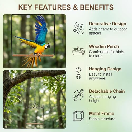 Easy Hang Hummingbird Swing with Hanging Chain, Metal Frame Wooden Dowel Hummingbird Perch, Humming Bird Swings for Hanging Indoor, Outdoor, Trunk, Lawn, Patio