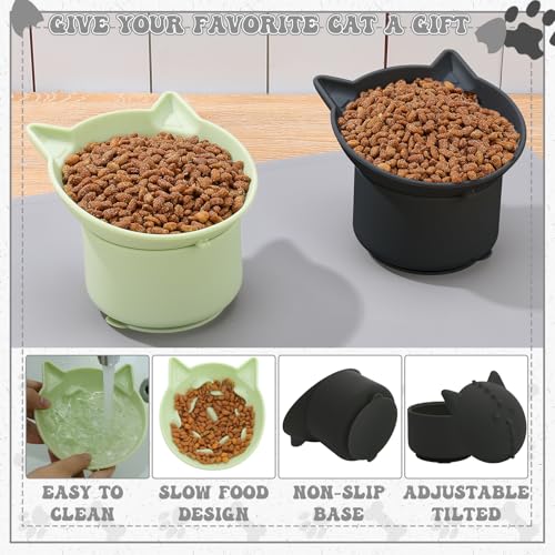 2 Pack Elevated Slow Feeder Cat Bowls Anti Vomit Tilted Raised Cat Bowls - color: Black, Green