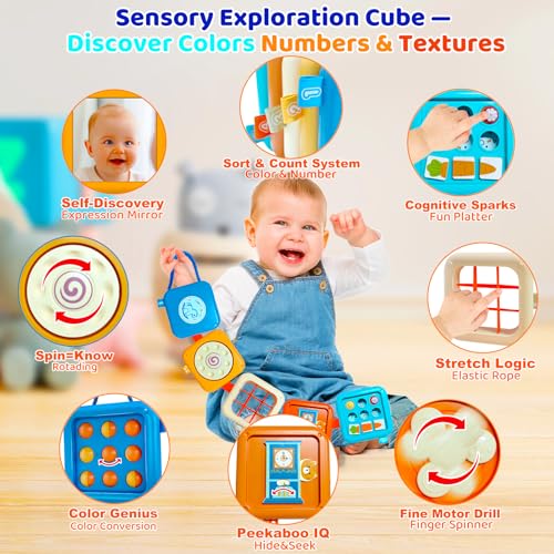 Portable Travel Toys for Baby 6-18M: 5 Foldable Cubes 7 Activity Panels