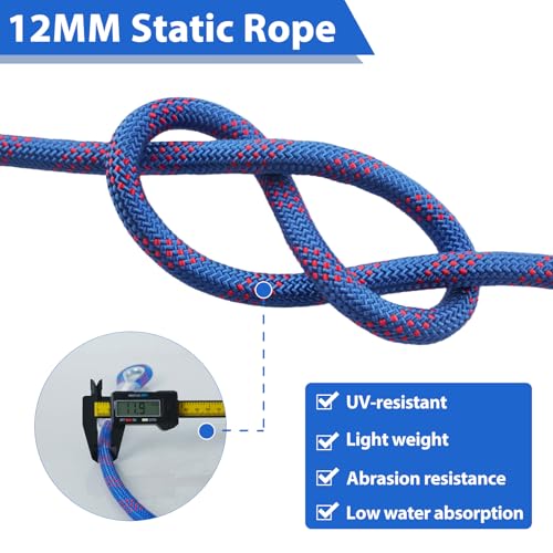Static Climbing Rope - 12mm High Strength Arborist Rope 65FT for Outdoor Rappelling, Swing, Rigging, Tree Work, Camping - Blue - color: Blue, size: 65FT