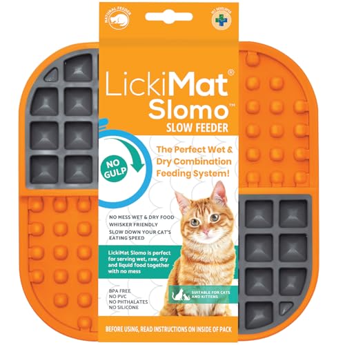 LickiMat Slomo, Cat Slow Feeder Lick Mat, Boredom Anxiety Reducer; Perfect for Food, Treats, Yogurt, or Peanut Butter. Fun Alternative to a Slow Feed Cat Bowl or Dish, Orange - color: Orange