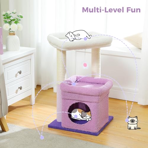 PEQULTI Small Cat Tree Tower for Indoor Cats, Sisal Post&Cozy Condo, Purple - color: Purple, size: M(15.7"L x 15.7"W x 26.7"H)