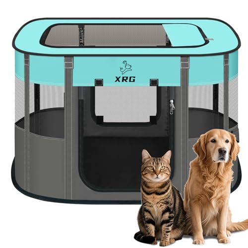 XRG Foldable Pet Playpen,Indoor Cat cage Puppy Crates L(35.4"x27.6"x23.6") - color: Green, style: Large（35.4"L x 27.6"W x 23.6"H）