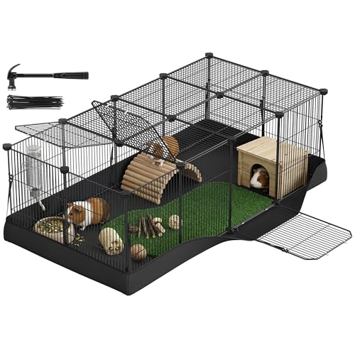 SONGMICS Guinea Pig Cage，Small Animal Playpen with Lid - color: Ink Black, style: 20 Panels - 48.4"L x 24.8"W x 16.3"H