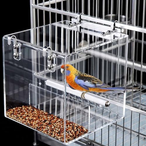 No Mess Bird Feeder for Cage, Automatic Acrylic Bird Feeder Seed Catcher Tray Cage with Stainless Steel Hooks for Small Parrots Canary Parakeet Budgerigar Crested Cockatiel Lovebird (Small) - size: Small
