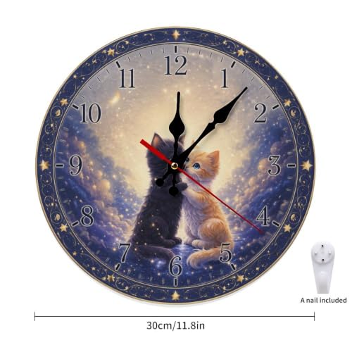 Two Cats Embrace Under a Starry Sky with a Heart-Shaped Moon. Round Wooden Wall Clock - color: Color12580, size: 11.8x11.8in