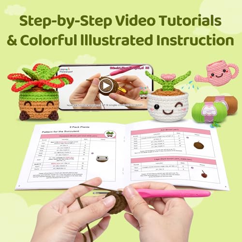 Mewaii Crochet Kit for Beginners, 9 Pack Plant Kit Craft Set - color: Green,Brown, White and Pink