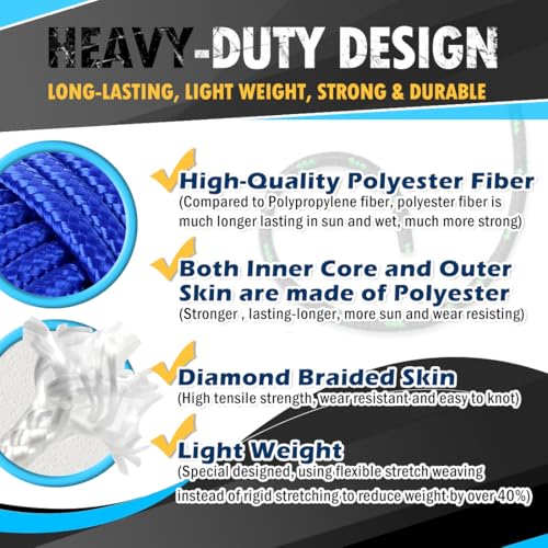 90 ft 1/4 inch (7mm) Polyester Rope (Nylon - Like Durability) Poly Flag Pole Clothes Line Camping Utility Good for Tie Pull Swing Climb Knot (Blue) - color: Blue, size: 1/4" x 90'