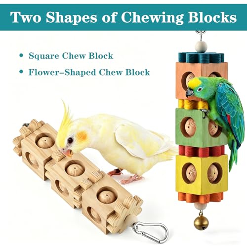 2 Pack Bird Chew Toys for Beak Grinding, Hanging Rotating Wood Block with Bell Parrot Foraging Enrichment Toy for Small to Medium Cocktiel, Conure, Caique