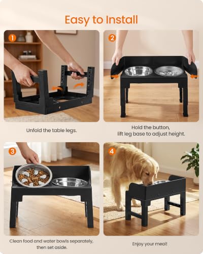 Feandrea Dog Bowls Elevated, Adjustable Height, Tilted Design - color: Ink Black, style: 1 Stainless Slow Bowl + 2 Stainless Basic Bowl