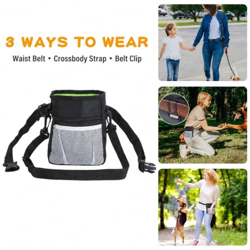 Dog Treat Pouch for Pet Training Kit, 3-Way Wear Bag with 2 Clickers & Bowl - color: Black