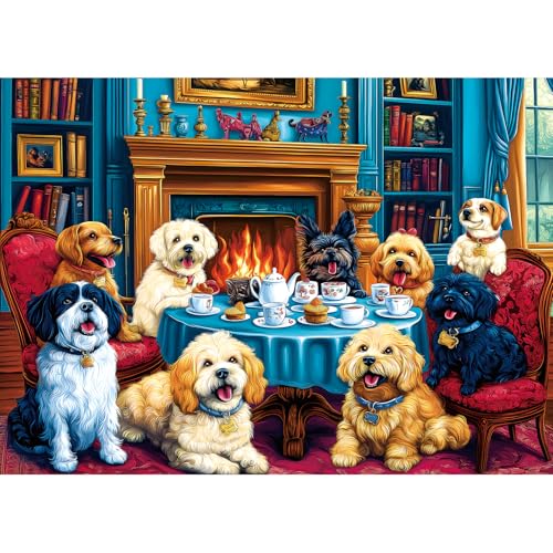 1000 Pieces Puzzles for Adults, Cozy Library Dogs Jigsaw Puzzles - color: Colorful - Dogs' Dinner Party