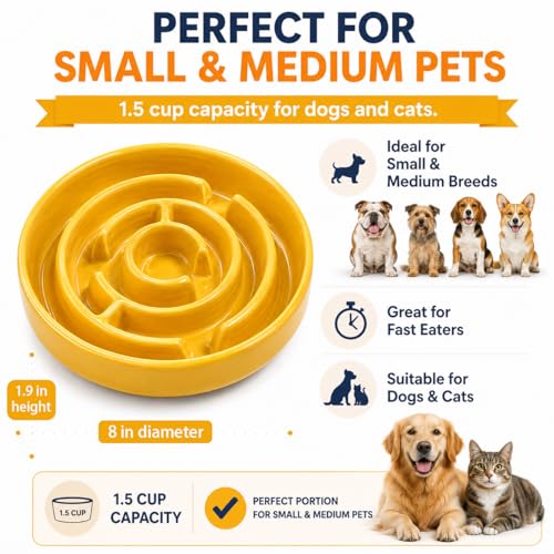 Ceramic Slow Feeder Dog Bowl,1.5 Cups Pet Slow Feeder for Small and Medium Breed,Puzzle Dog Food Dish,Anti-Gulping,Stop Bloat,Preventing Choking(Yellow) - color: Yellow