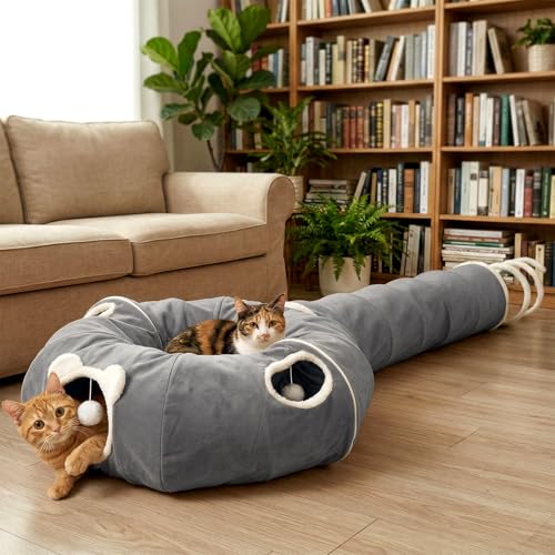 Ownpets 2-in-1 Cat Tunnel Large Lollipop 12" D Collapsible Cave Plush, Grey - color: Grey