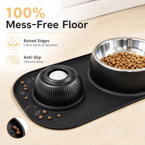 2-in-1 Dog Licking Bowl with Rolling Ball, Stainless Steel Dog Bowls & No-Spill Silicone Lick Mat for Dogs, Wet Dry Separation Dog Slow Feeder Puzzle Licking Toy for Dogs and Cats