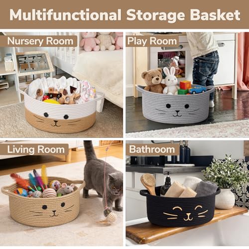 Medium Woven Rope Cat Toy Basket with Cat Face, Jute - color: Jute, size: 13.8"W x 6"H