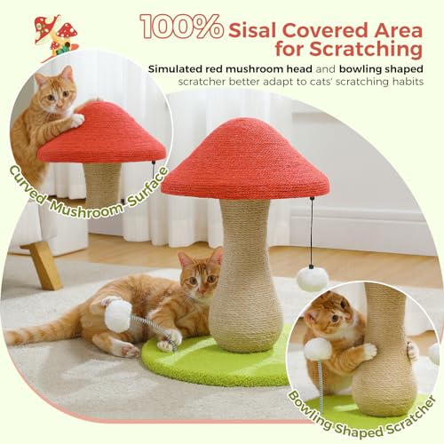 PETEPELA Mushroom Cat Scratching Post, 100% Sisal Cute Cat Scratcher, Pink - color: Red
