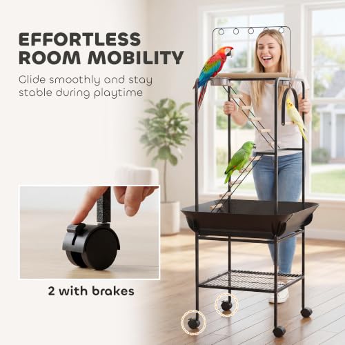 PawHut 64" H Rolling Bird Stand Parrot Playstand with Seed Guard & Wheels