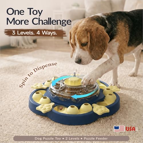 KADTC 3-Level Dog Puzzle Toy, Spin to Release Treat Dispenser & Slow Feeder - color: Sunflower Blue