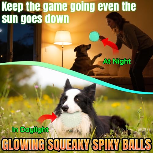 LECHONG 6-Pack Glow in The Dark Squeaky Dog Balls, 3.5” Spiky Dog Toy Balls, Durable Glowing Rubber Fetching Ball for Medium & Large Dogs Nighttime Playing Indoors & Outdoors - size: Medium-6 Packs