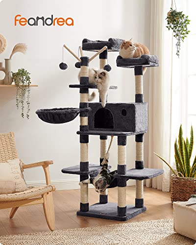 Feandrea Cat Tree, 62.4 Inches, Activity Center with Hammock, Basket - color: Smoky Gray