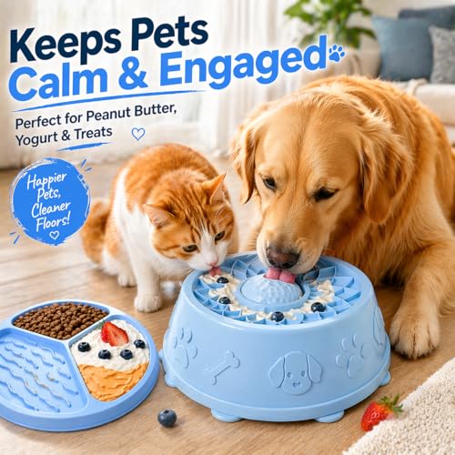 Slow Feeder Dog Bowls with Rolling Ball & Lick Mat for Dogs, Interactive Dog Enrichment Toy, Anti-Slip Puzzle Feeder for Yogurt, Bone Broth & Wet Food, Slow Eating Bowl for Small, Medium & Large Dogs - color: Light Blue