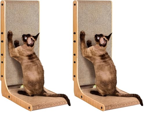 EHEYCIGA Cardboard Cat Scratcher for Indoor Cats, 26.8 Inch L Shaped Vertical Cat Scratching Board with Ball Cat Toy, Large Cat Scratcher Pad, Brown (Pack of 2) - color: Brown, size: 16.6x11.2x26.8 (Pack of 2)