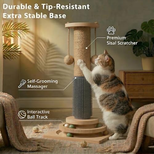4-in-1 Solid Wood Cat Scratching Post with Self-Groomer, Medium Size - size: Medium