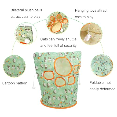 Cat Tunnel Bag for Indoor Cats, Foldable Pet Tunnel Crinkle Sack Bag with a Little Mouse & 3 Toy Ball, Portable Crinkle Paper Interactive Hide and Seek Cat Toys (Green) - color: Green