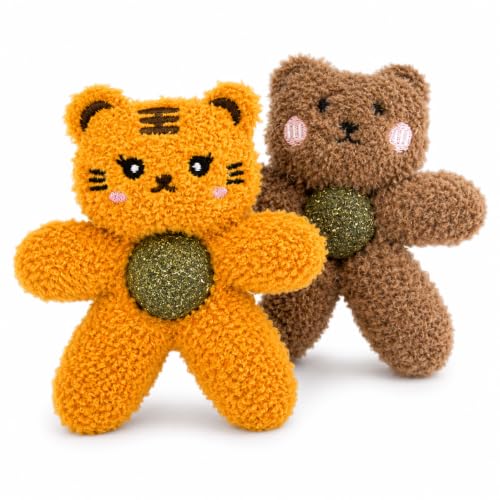 Cat Toys with Catnip Kitten Chew Bite Supplies Boredom Relief Fluffy Kitty Teeth Cleaning Chewing Cat Lovers Interactive Plush Gift (Tiger&Bear) - color: Tiger&Bear