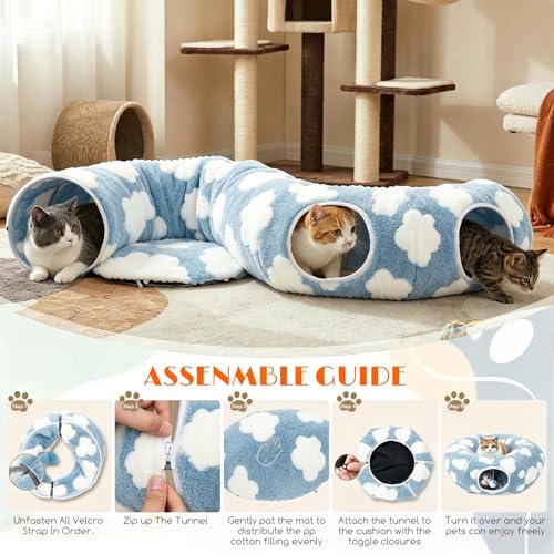 Cat Tunnel Bed with Toys – Large Collapsible Play Tube (Blue) - color: Cozy Clouds Blue