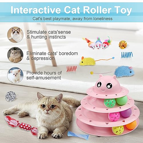 UPSKY 24 PCS Cat Toys Set with Teaser, Mice, Spring, and Various Ball Toys - color: D-Pink